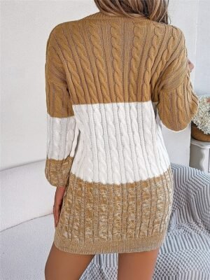 Casual Soft Colour Block Crew Neck Long Sleeve Knitted Sweater Dress - Image 2