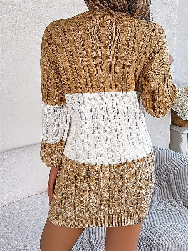 Casual Soft Colour Block Crew Neck Long Sleeve Knitted Sweater Dress - Image 2