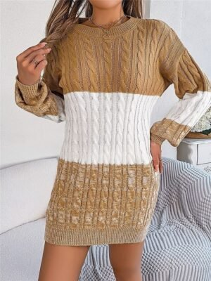 Casual Soft Colour Block Crew Neck Long Sleeve Knitted Sweater Dress - Image 3