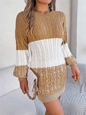 Casual Soft Colour Block Crew Neck Long Sleeve Knitted Sweater Dress - Image 4