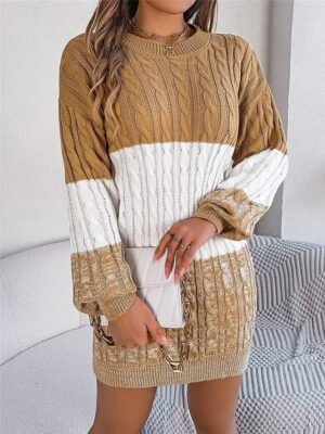 Casual Soft Colour Block Crew Neck Long Sleeve Knitted Sweater Dress - Image 6