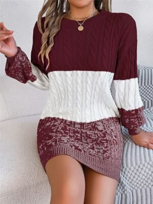 Casual Soft Colour Block Crew Neck Long Sleeve Knitted Sweater Dress - Image 7