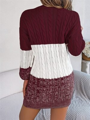 Casual Soft Colour Block Crew Neck Long Sleeve Knitted Sweater Dress - Image 8
