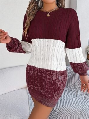 Casual Soft Colour Block Crew Neck Long Sleeve Knitted Sweater Dress - Image 9