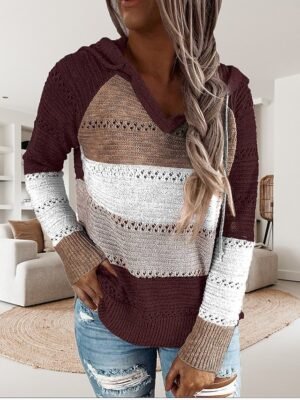 Casual Soft Colour Block Hooded Long Sleeve Tunic Knit Sweater - Image 6