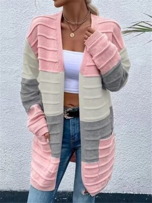 Casual Soft Colour Block Open Front Long Sleeve Long Cardigan - Image 1