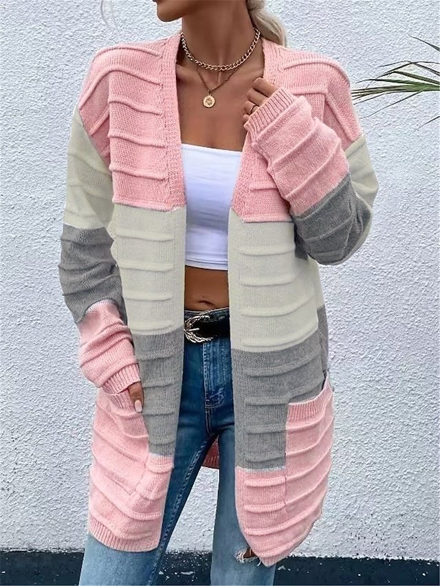 Casual Soft Colour Block Open Front Long Sleeve Long Cardigan - Image 1
