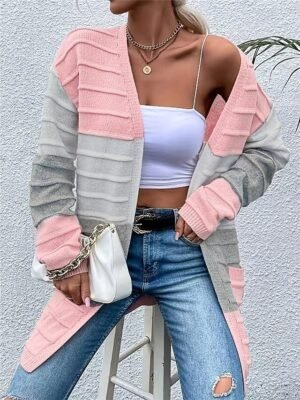 Casual Soft Colour Block Open Front Long Sleeve Long Cardigan - Image 3