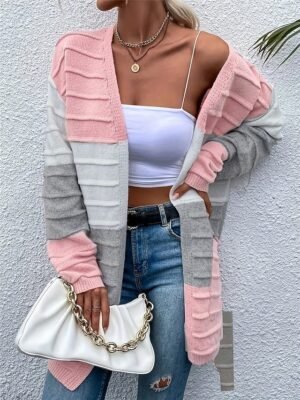 Casual Soft Colour Block Open Front Long Sleeve Long Cardigan - Image 4
