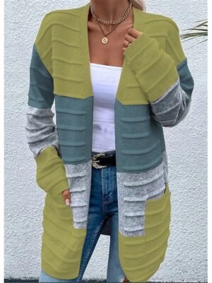 Casual Soft Colour Block Open Front Long Sleeve Long Cardigan - Image 5