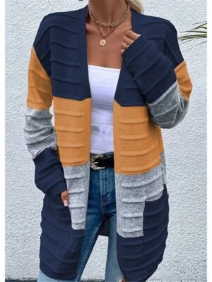 Casual Soft Colour Block Open Front Long Sleeve Long Cardigan - Image 6