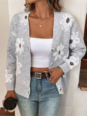 Casual Soft Floral Ribbed V Neck Long Sleeve Regular Cardigan - Image 1