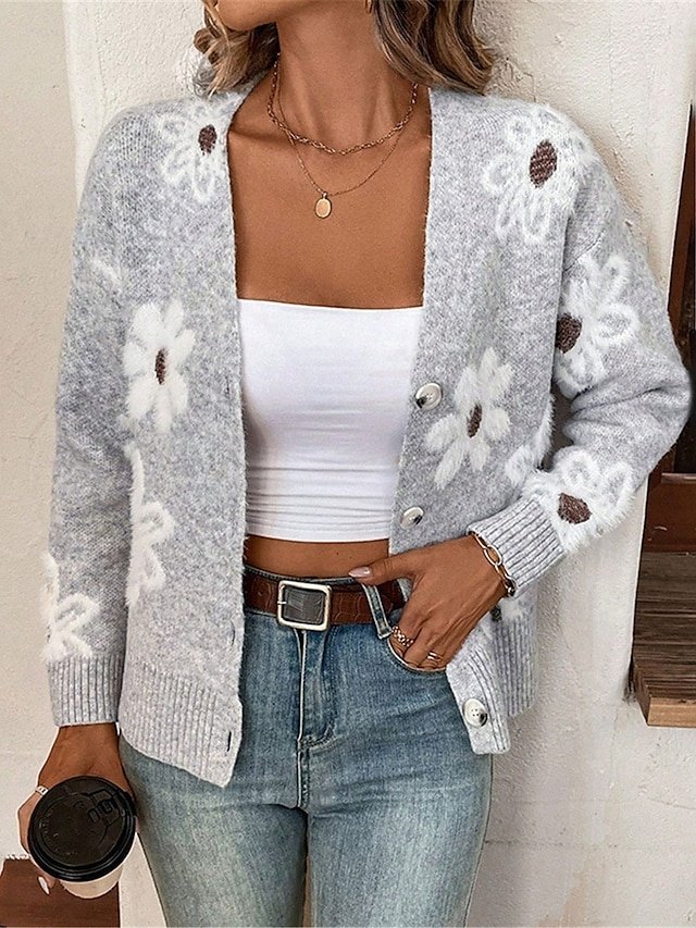 Casual Soft Floral Ribbed V Neck Long Sleeve Regular Cardigan - Image 1