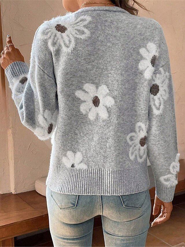 Casual Soft Floral Ribbed V Neck Long Sleeve Regular Cardigan - Image 2