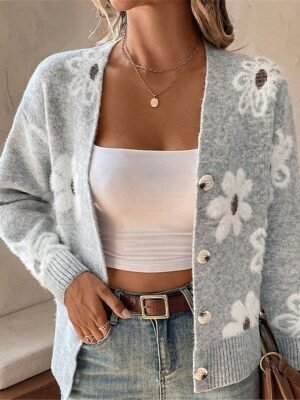 Casual Soft Floral Ribbed V Neck Long Sleeve Regular Cardigan - Image 3