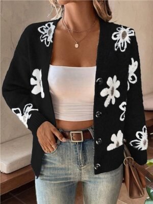 Casual Soft Floral Ribbed V Neck Long Sleeve Regular Cardigan - Image 4