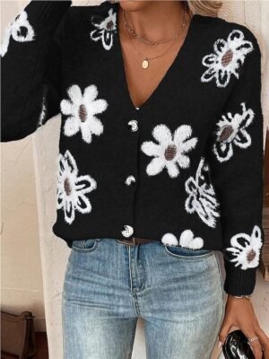 Casual Soft Floral Ribbed V Neck Long Sleeve Regular Cardigan - Image 5