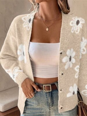 Casual Soft Floral Ribbed V Neck Long Sleeve Regular Cardigan - Image 7
