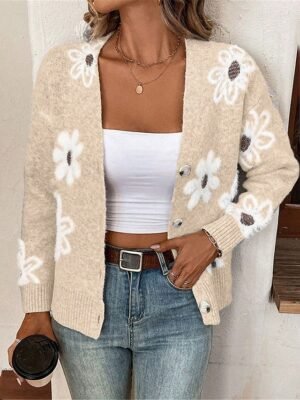 Casual Soft Floral Ribbed V Neck Long Sleeve Regular Cardigan - Image 8