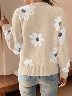 Casual Soft Floral Ribbed V Neck Long Sleeve Regular Cardigan - Image 9