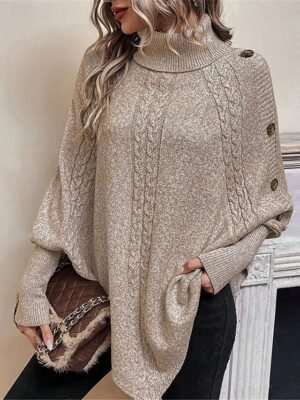 Casual Soft Khaki Ribbed Turtleneck Batwing Sleeve Long Sweater - Image 7