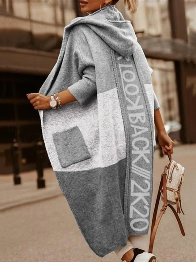 Casual Soft Letter Hooded Long Sleeve Long Cardigan - Image 1