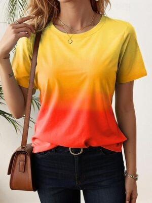 Casual Soft Ombre Round Neck Short Sleeve Summer Top - Image 1