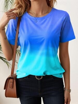 Casual Soft Ombre Round Neck Short Sleeve Summer Top - Image 3