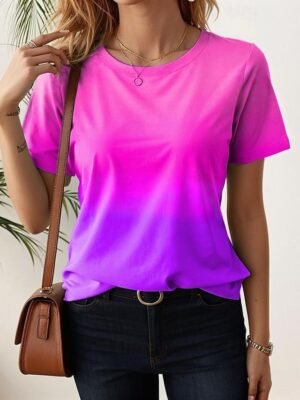 Casual Soft Ombre Round Neck Short Sleeve Summer Top - Image 6