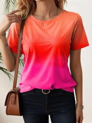 Casual Soft Ombre Round Neck Short Sleeve Summer Top - Image 7