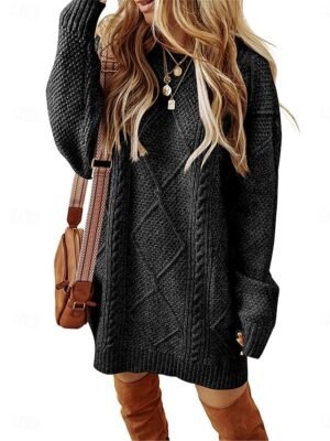 Casual Soft Pure Colour Crew Neck Long Sleeve Long Sweater Dress - Image 12