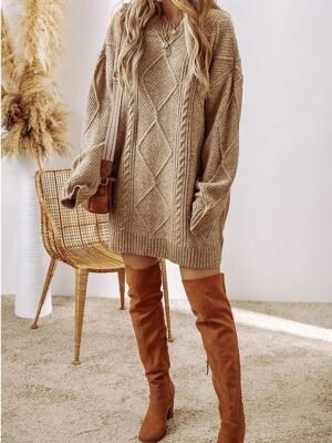 Casual Soft Pure Colour Crew Neck Long Sleeve Long Sweater Dress - Image 5