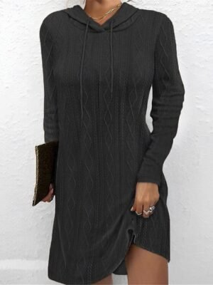 Casual Soft Pure Colour Hooded Long Sleeve Long Sweater Dress - Image 3