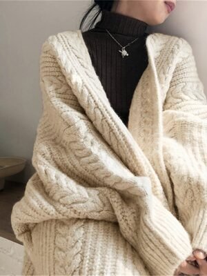 Casual Soft Pure Colour Open Front Long Sleeve Long Knitted Cardigan - Image 4