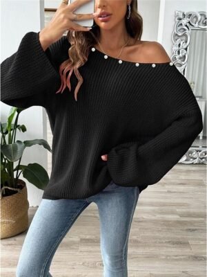 Casual Soft Pure Colour Ribbed Boat Neck Beaded Long Sleeve Regular Top - Image 12
