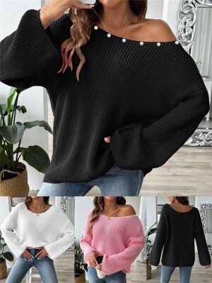 Casual Soft Pure Colour Ribbed Boat Neck Beaded Long Sleeve Regular Top - Image 17