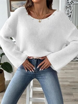 Casual Soft Pure Colour Ribbed Boat Neck Beaded Long Sleeve Regular Top - Image 9