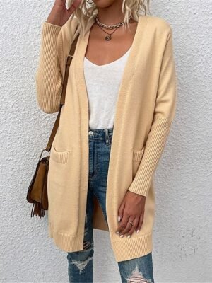 Casual Soft Pure Colour Ribbed Open Front Long Sleeve Long Cardigan - Image 1