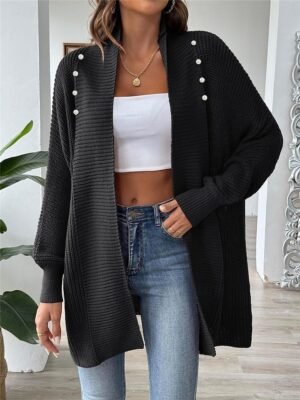 Casual Soft Pure Colour Ribbed Open Front Beaded Long Sleeve Cardigan - Image 1