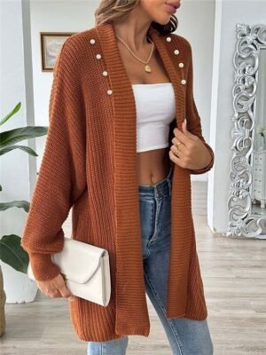 Casual Soft Pure Colour Ribbed Open Front Beaded Long Sleeve Cardigan - Image 11