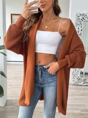 Casual Soft Pure Colour Ribbed Open Front Beaded Long Sleeve Cardigan - Image 13