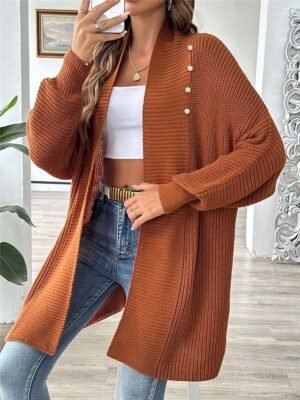 Casual Soft Pure Colour Ribbed Open Front Beaded Long Sleeve Cardigan - Image 14