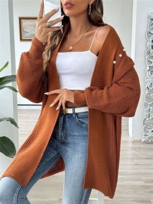 Casual Soft Pure Colour Ribbed Open Front Beaded Long Sleeve Cardigan - Image 15