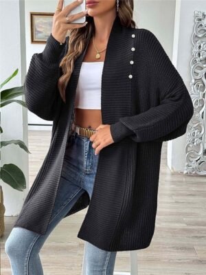 Casual Soft Pure Colour Ribbed Open Front Beaded Long Sleeve Cardigan - Image 3