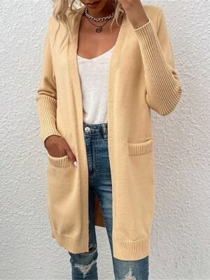 Casual Soft Pure Colour Ribbed Open Front Long Sleeve Long Cardigan - Image 4