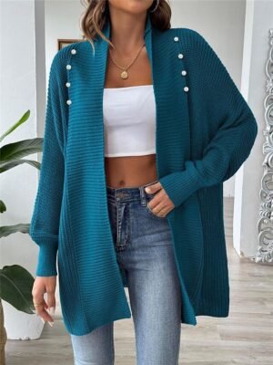 Casual Soft Pure Colour Ribbed Open Front Beaded Long Sleeve Cardigan - Image 5