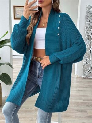 Casual Soft Pure Colour Ribbed Open Front Beaded Long Sleeve Cardigan - Image 6