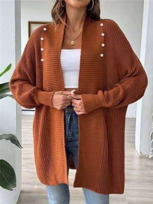 Casual Soft Pure Colour Ribbed Open Front Beaded Long Sleeve Cardigan - Image 9