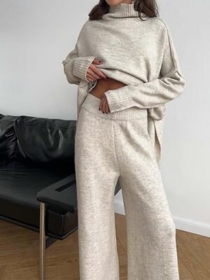 Casual Soft Pure Colour Ribbed Turtleneck Long Sleeve Regular Sweater Co-ords - Image 1