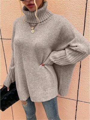 Casual Soft Pure Colour Ribbed Turtleneck Long Sleeve Regular Top - Image 1